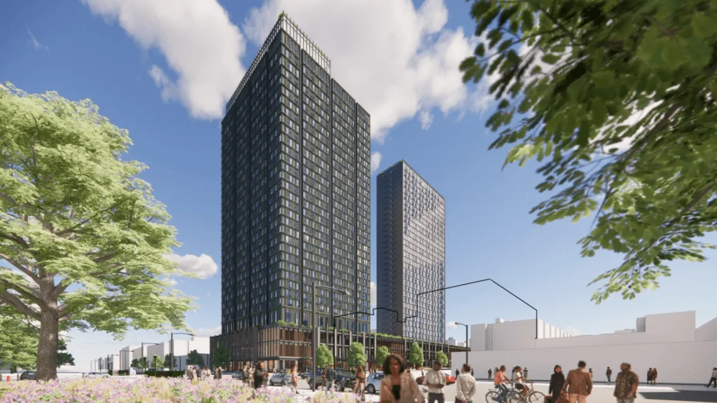 Rendering of One45, three buildings at West 145th Street and Lenox Avenue, Harlem